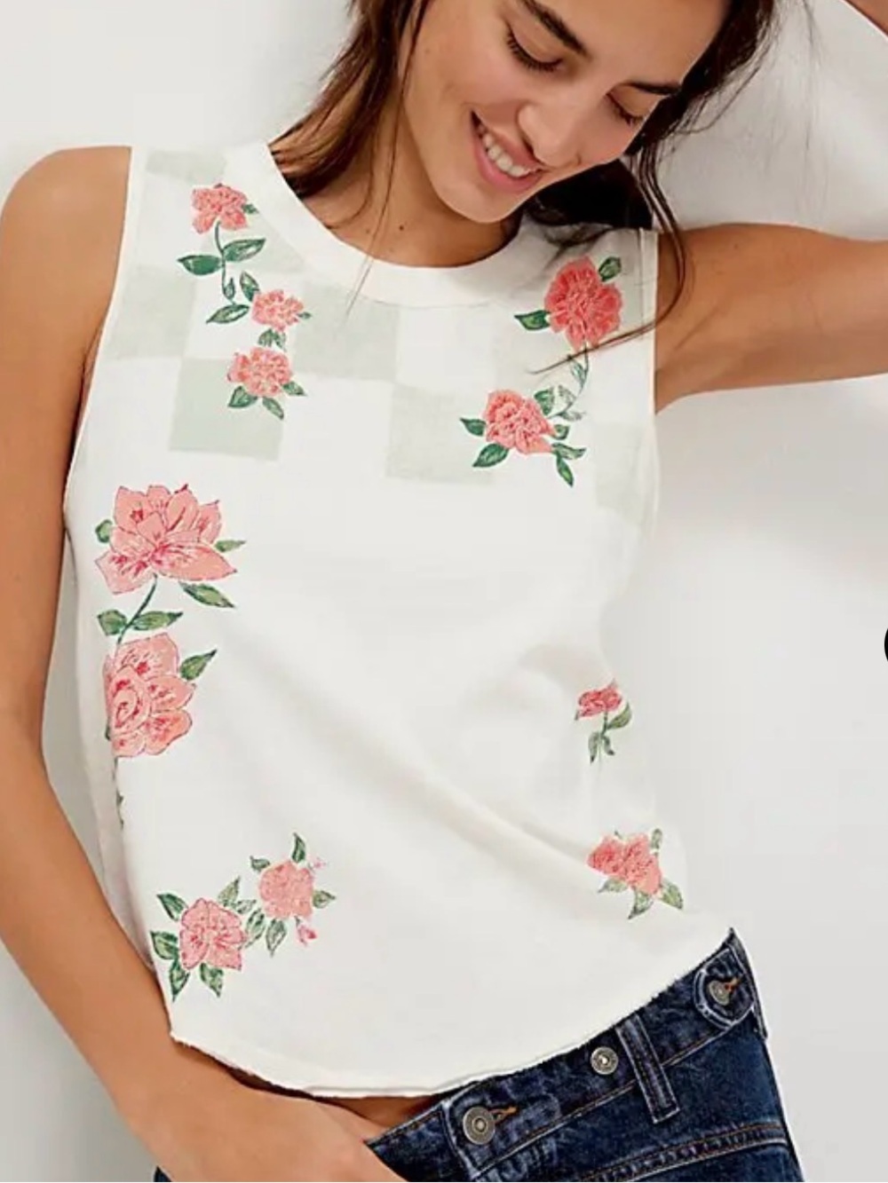 We The Free $58 Check It Out Free People Ivory Checkered Floral Muscle Tee Top M